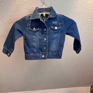 DKNY JEANS Blue Denim Trucker Jacket. Kids Size 2T. Silver Logo Breast Pocket.